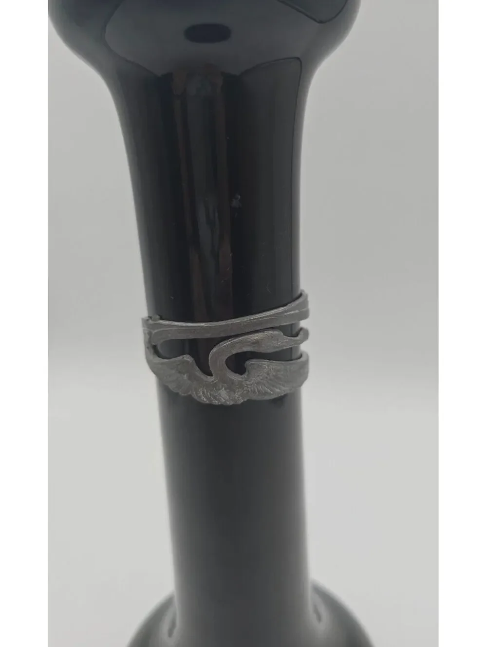 Vintage WMF Black Hyalith Glass Vase Pewter Swan Mount Germany Art Deco